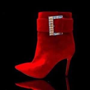 MICHAEL KORS Giselle JEWEL-Buckle Pointed-Toe Suede Ankle Boots - RED